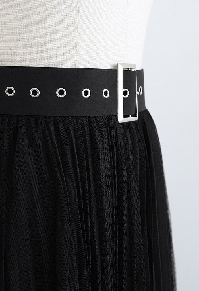 Falda midi de malla de doble capa con pliegues completos en negro