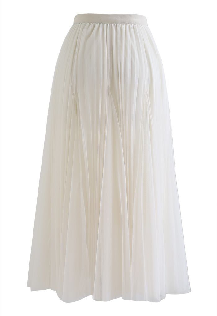 Falda larga de tul de malla con paneles plisados en color crema