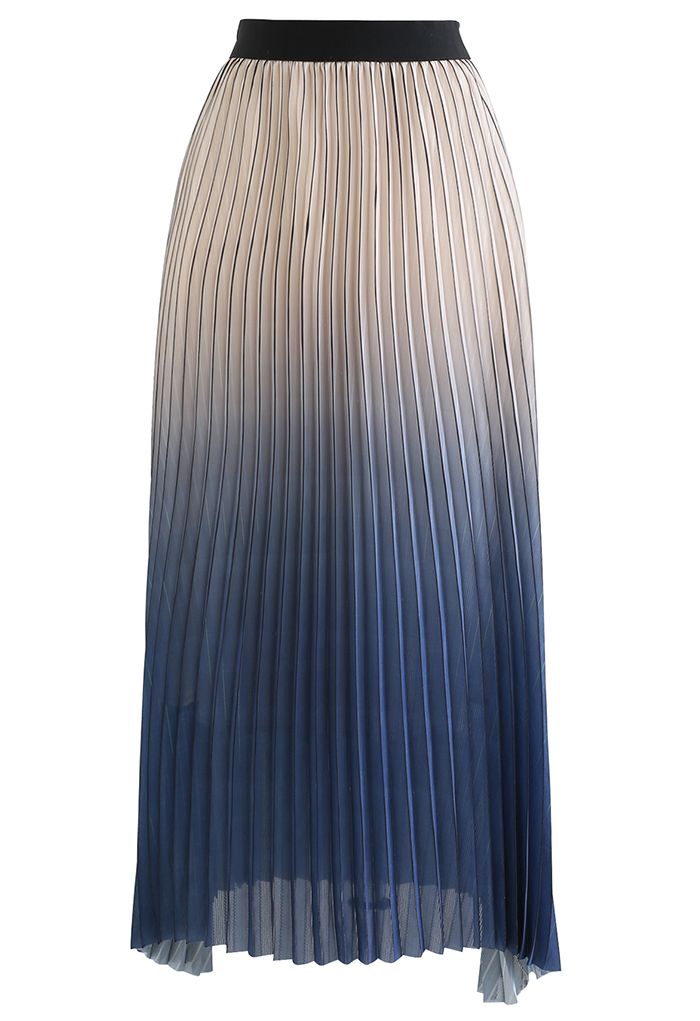 Falda larga plisada con línea brillante degradada en azul