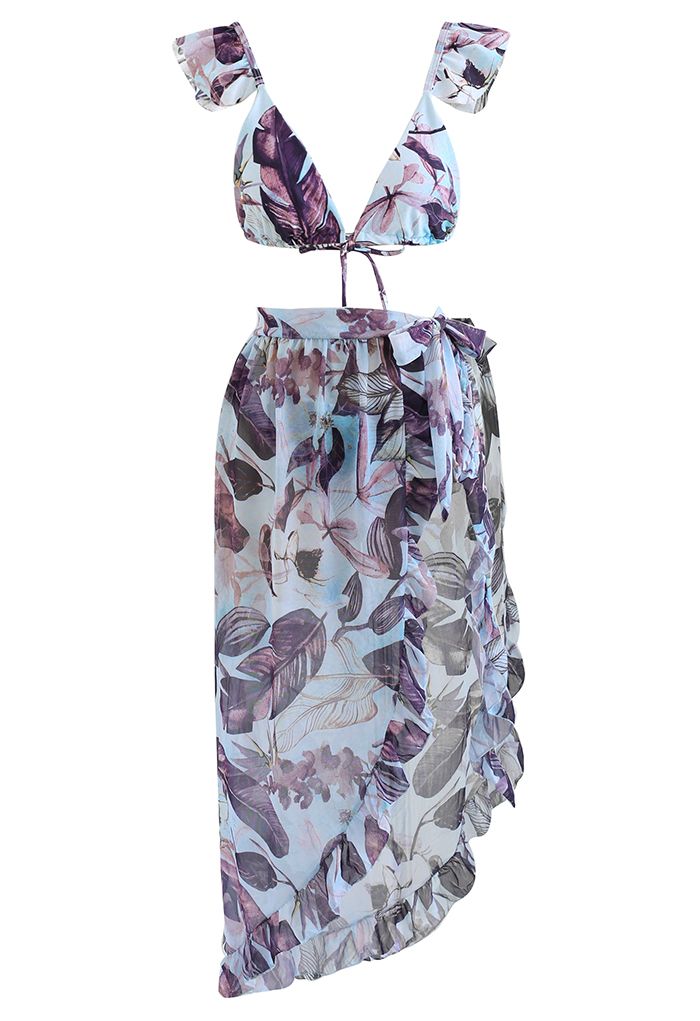 Conjunto de bikini tipo pareo con tiras onduladas Ambiente de Selva en morado