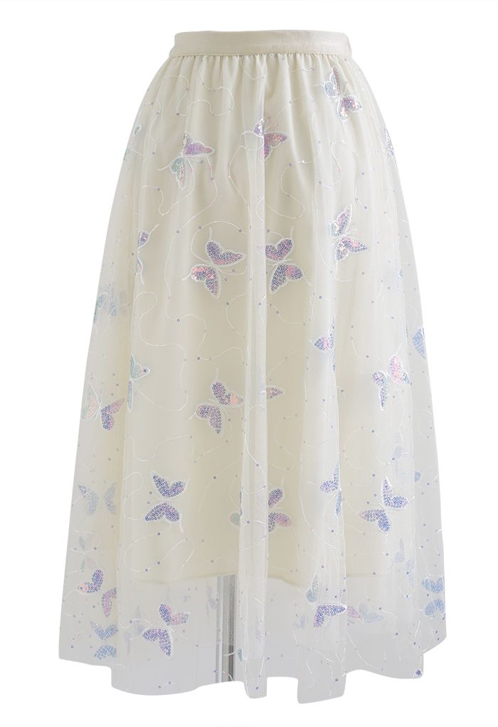 Falda de tul de malla bordada con mariposas de lentejuelas en color crema