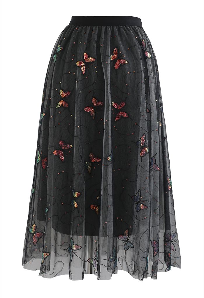 Falda de tul de malla bordada con mariposas de lentejuelas en negro