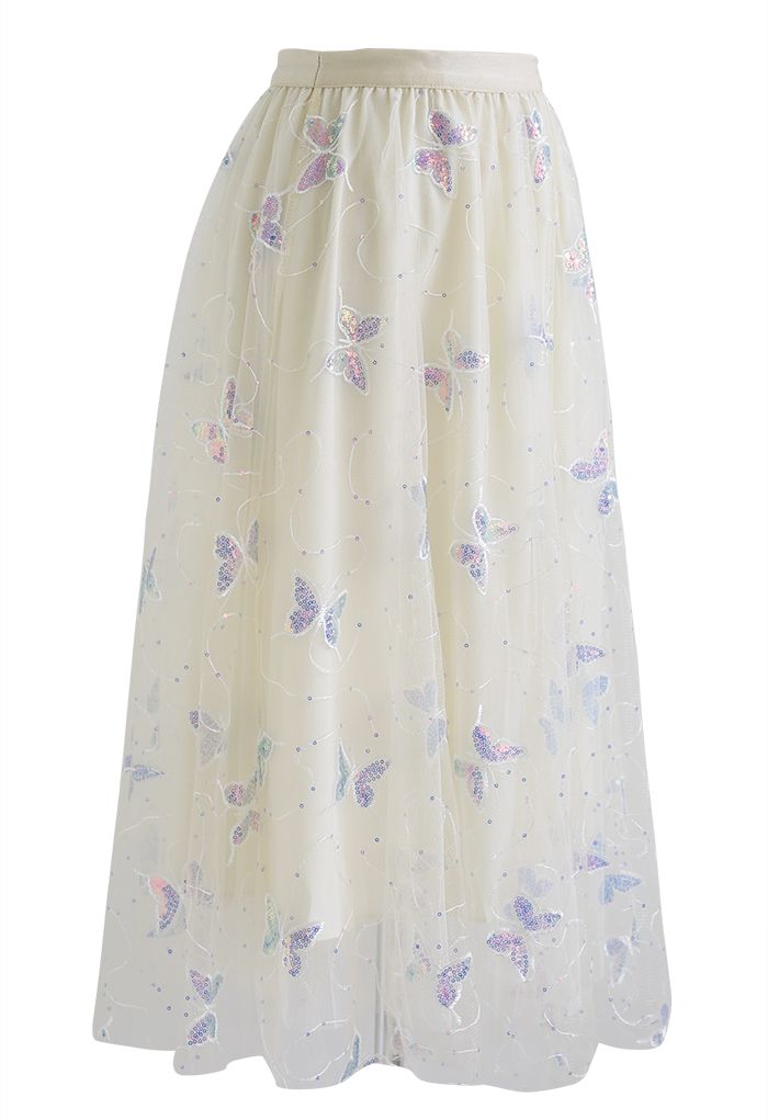 Falda de tul de malla bordada con mariposas de lentejuelas en color crema