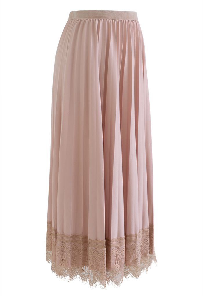 Falda plisada con dobladillo sin rematar de encaje en rosa