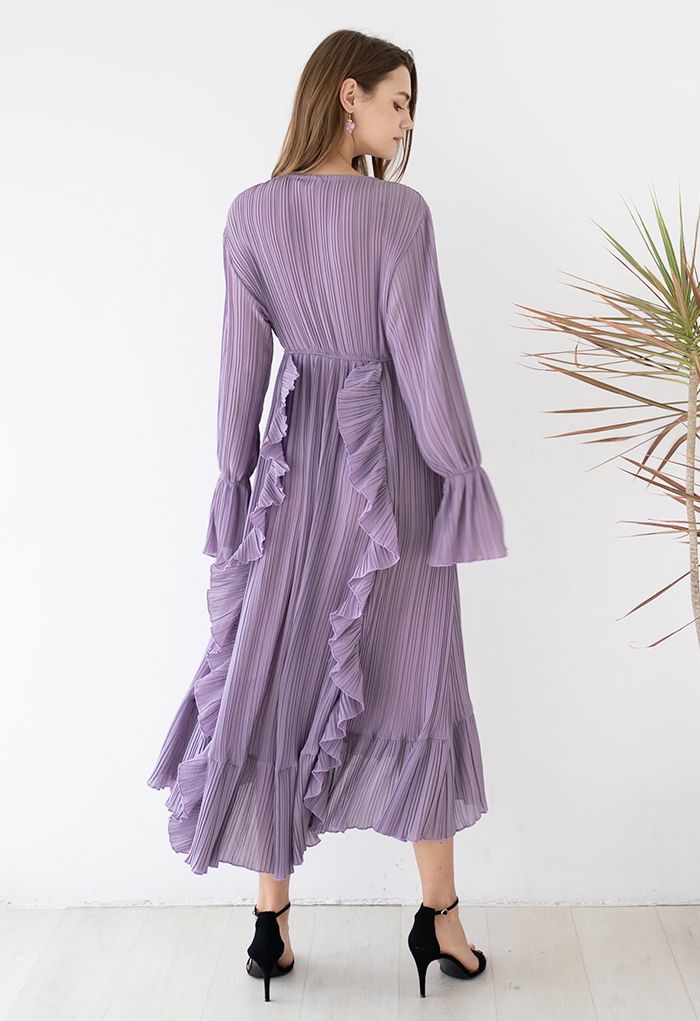 Vestido largo con volantes ventosos de gasa plisada asimétrica en lila