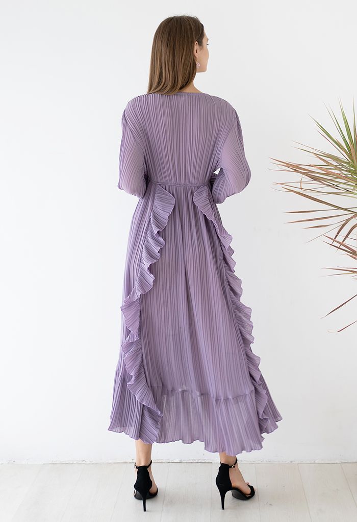 Vestido largo con volantes ventosos de gasa plisada asimétrica en lila