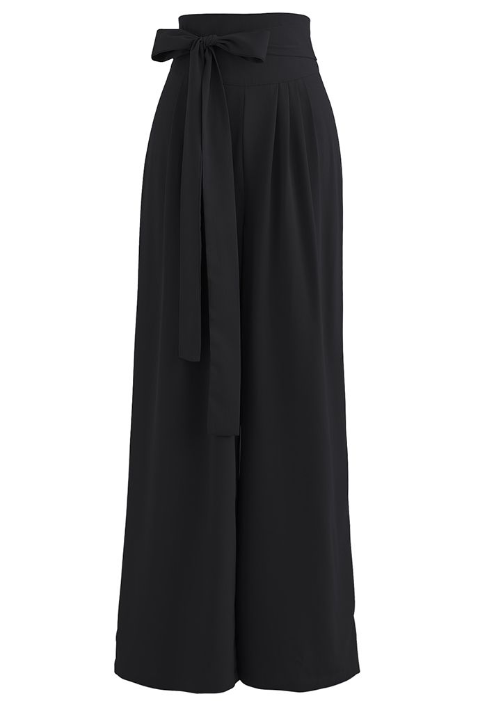 Pantalones anchos de cintura alta con lazo en negro