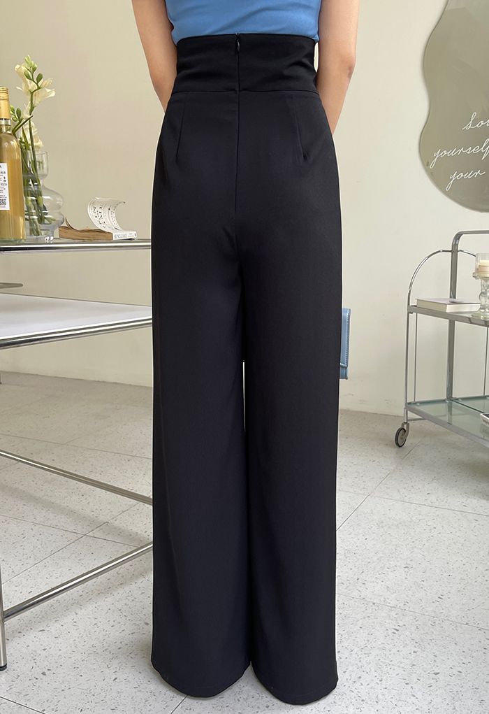 Pantalones anchos de cintura alta con lazo en negro