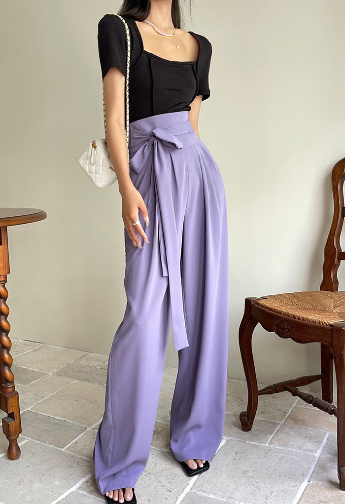 Pantalones anchos de cintura con lazo en lila - Retro, Indie and Fashion