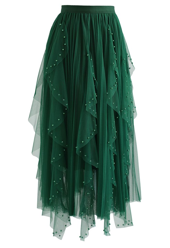 Falda de tul plisada con decoración de cuentas dispersas en verde