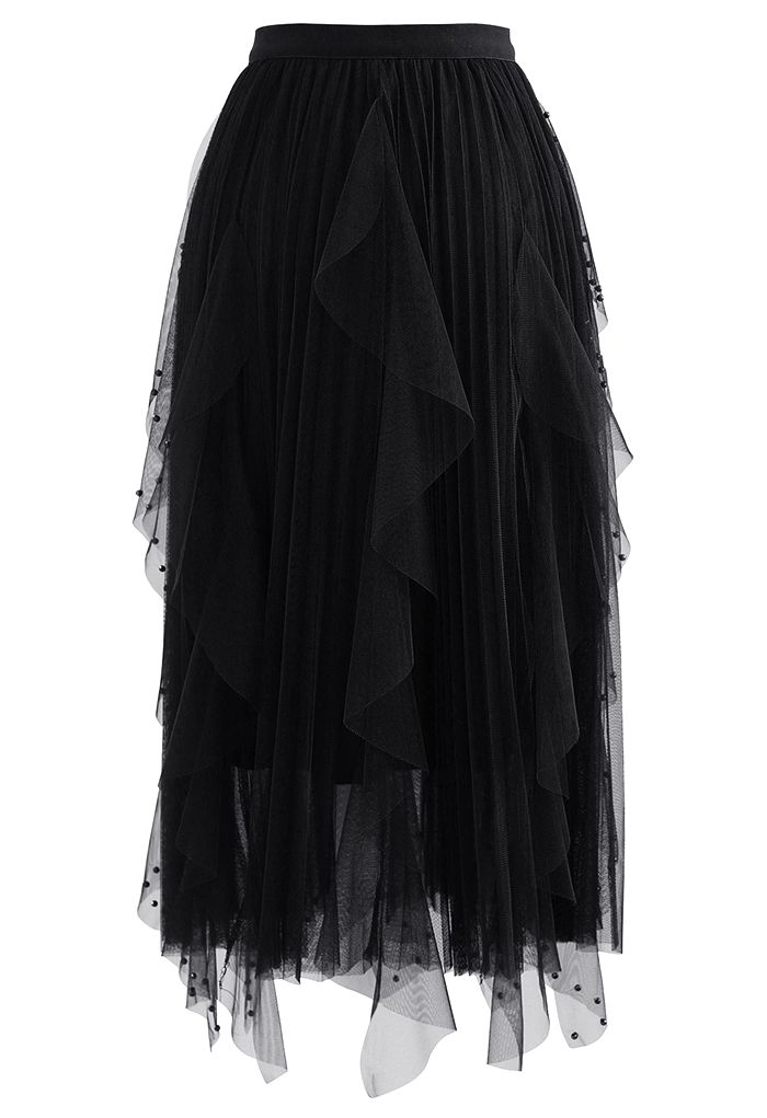 Falda de tul plisada con decoración de cuentas dispersas en negro