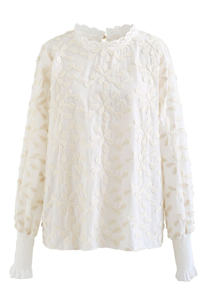 Top de algodón con manga farol bordada 3D Blossom en color crema