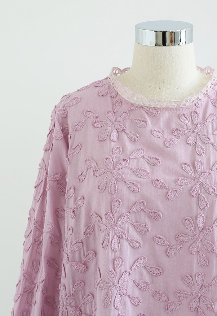 Top de algodón bordado con mangas abullonadas 3D Blossom en lila