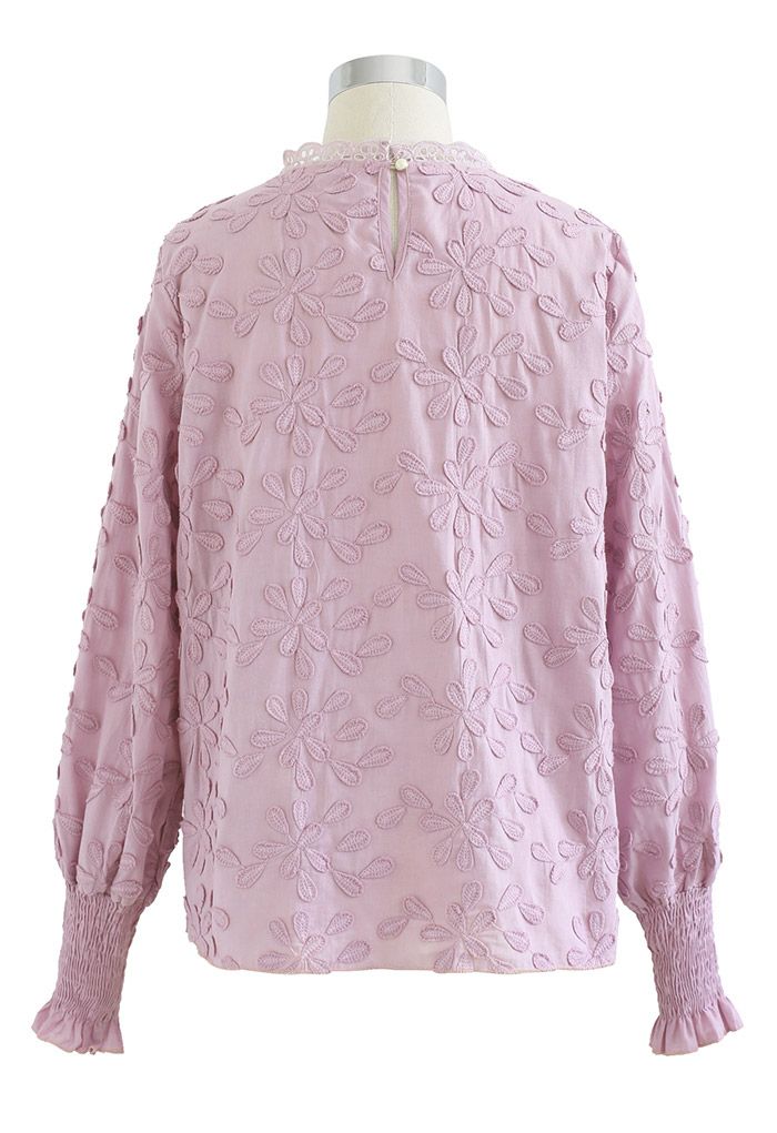 Top de algodón bordado con mangas abullonadas 3D Blossom en lila