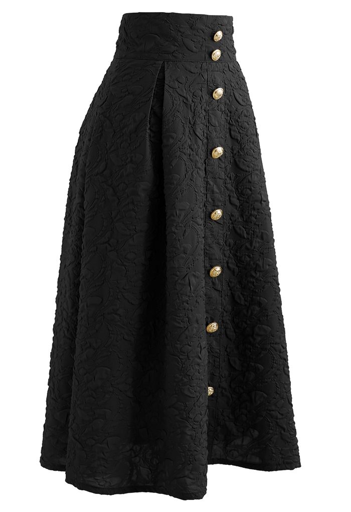 Falda midi de talle alto con botones en relieve en negro