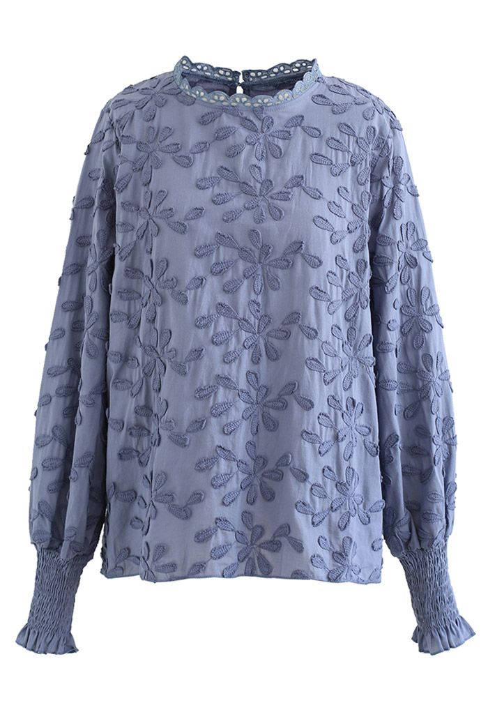 Top de algodón bordado con mangas abullonadas 3D Blossom en azul