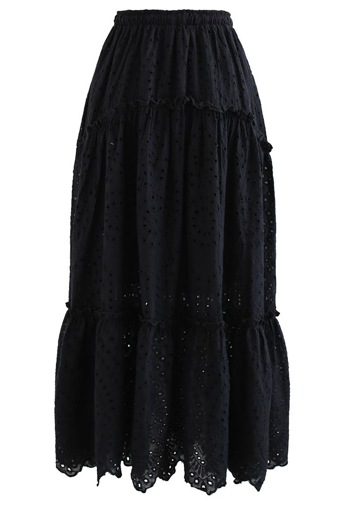 Falda midi de algodón bordado con volantes en negro