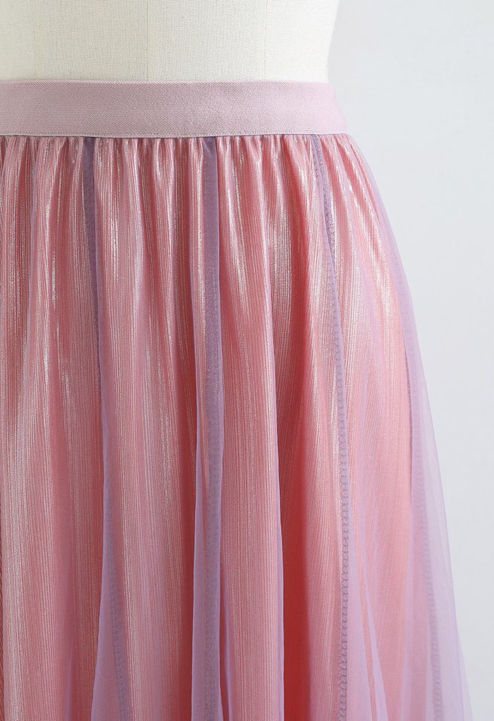 Falda larga de tul de malla con forro nacarado en rosa