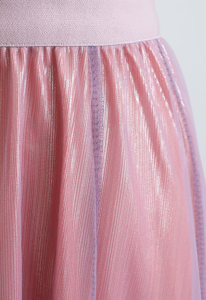 Falda larga de tul de malla con forro nacarado en rosa