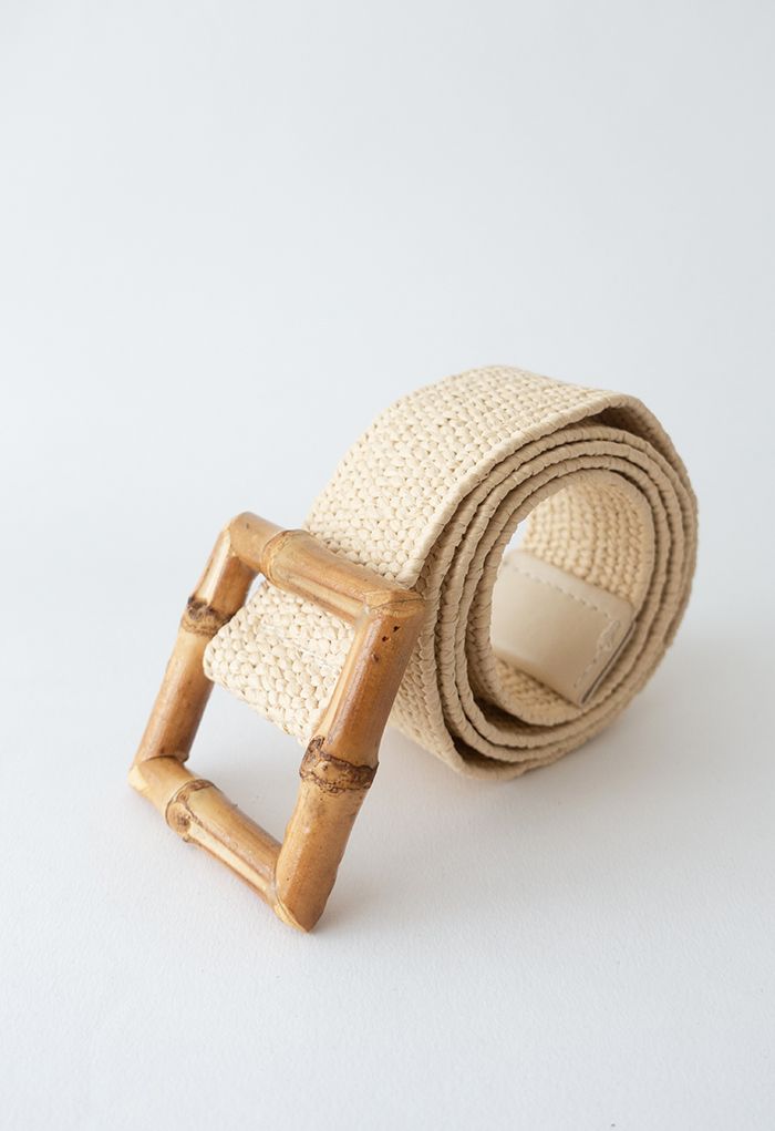 Cinturón de paja elástico con hebilla cuadrada de bambú