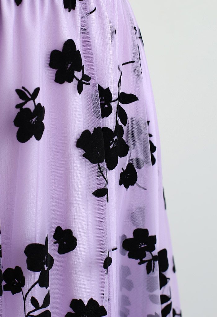 Falda midi de malla de dos capas en lila 3D Posy
