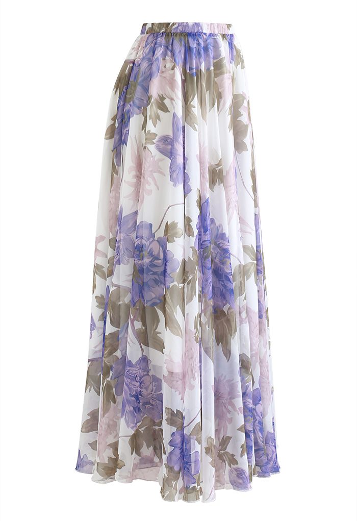 Falda larga de gasa con estampado de flores vibrantes en morado