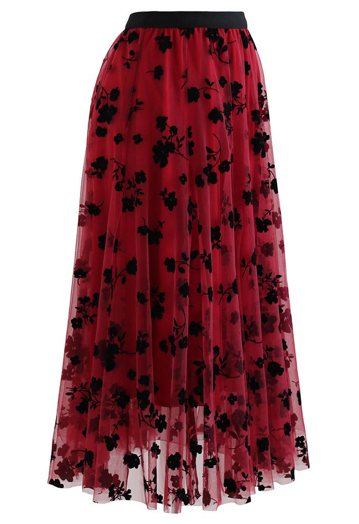 Falda midi de malla de doble capa en rojo de 3D Posy