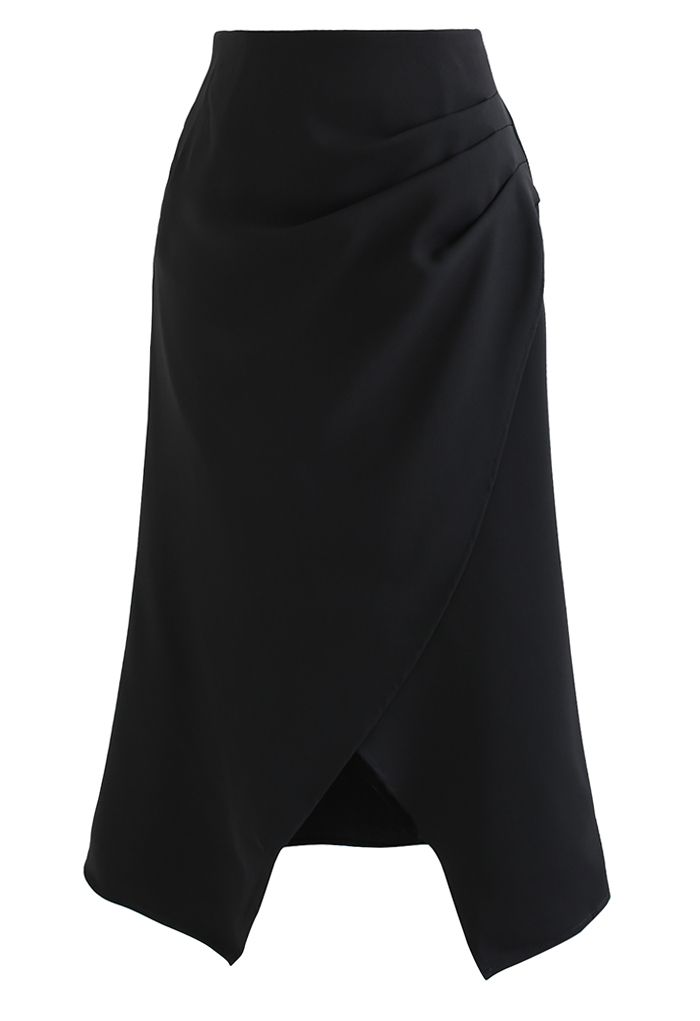 Falda midi tulipán con solapa fruncida lateral en negro