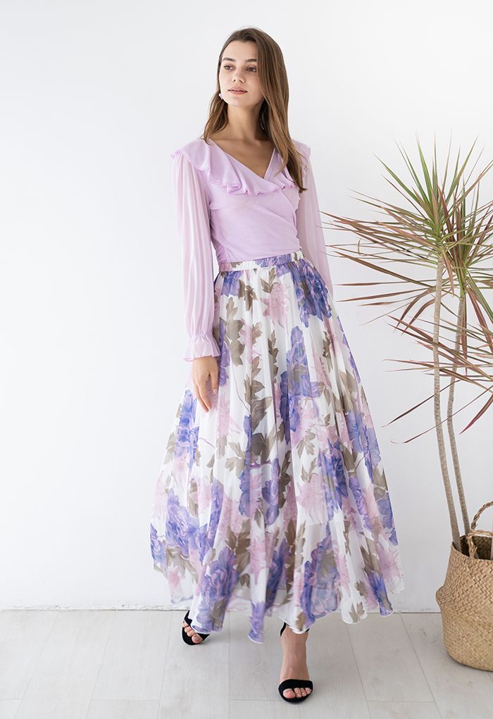 Falda larga de gasa con estampado de flores vibrantes en morado