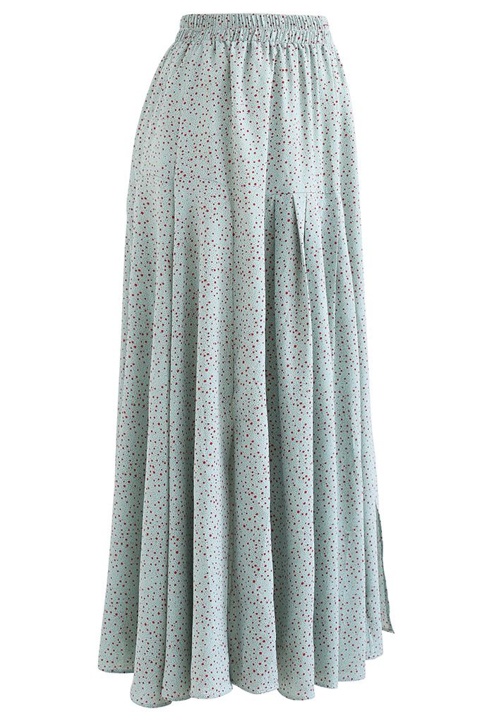 Falda larga plisada con estampado de lunares ditsy en verde azulado