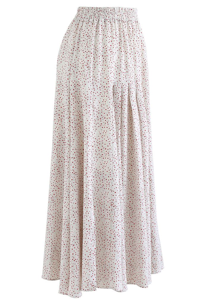 Falda larga plisada con estampado de lunares ditsy en marfil