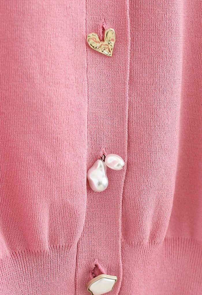 Cárdigan de punto de manga corta con botones de joyería en rosa