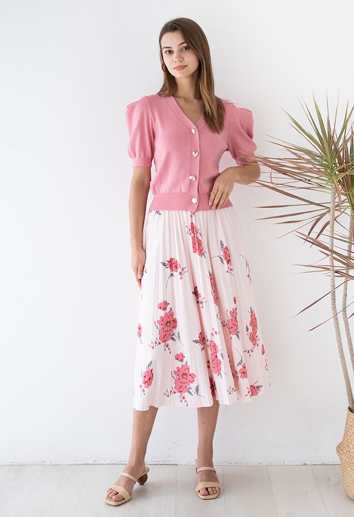 Falda midi plisada floral de cintura alta en rosa claro