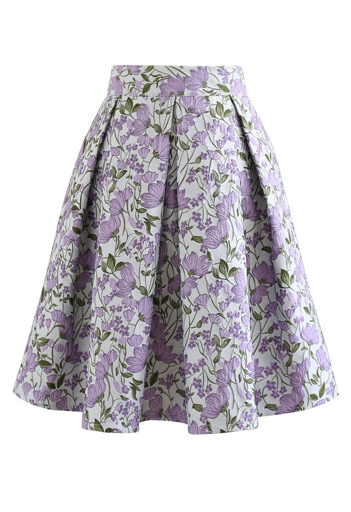 Impresionante minifalda plisada de jacquard de flores en violeta
