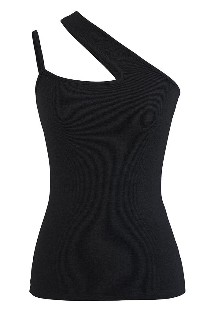 Camiseta sin mangas asimétrica de punto con un solo hombro en negro