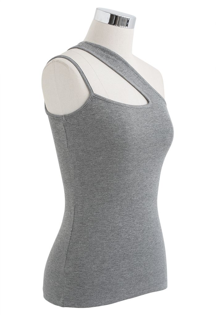 Camiseta sin mangas asimétrica de punto con un solo hombro en gris