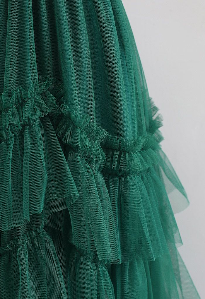 Exquisita falda de tul de malla con volantes escalonados en verde