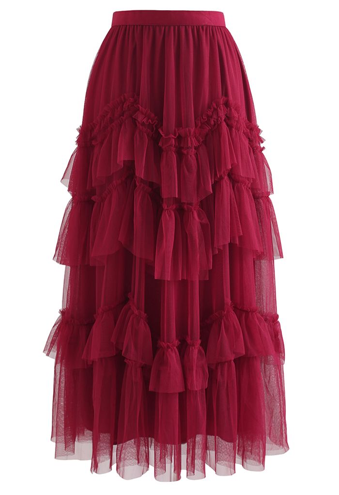 Exquisita falda de tul de malla con volantes escalonados en rojo