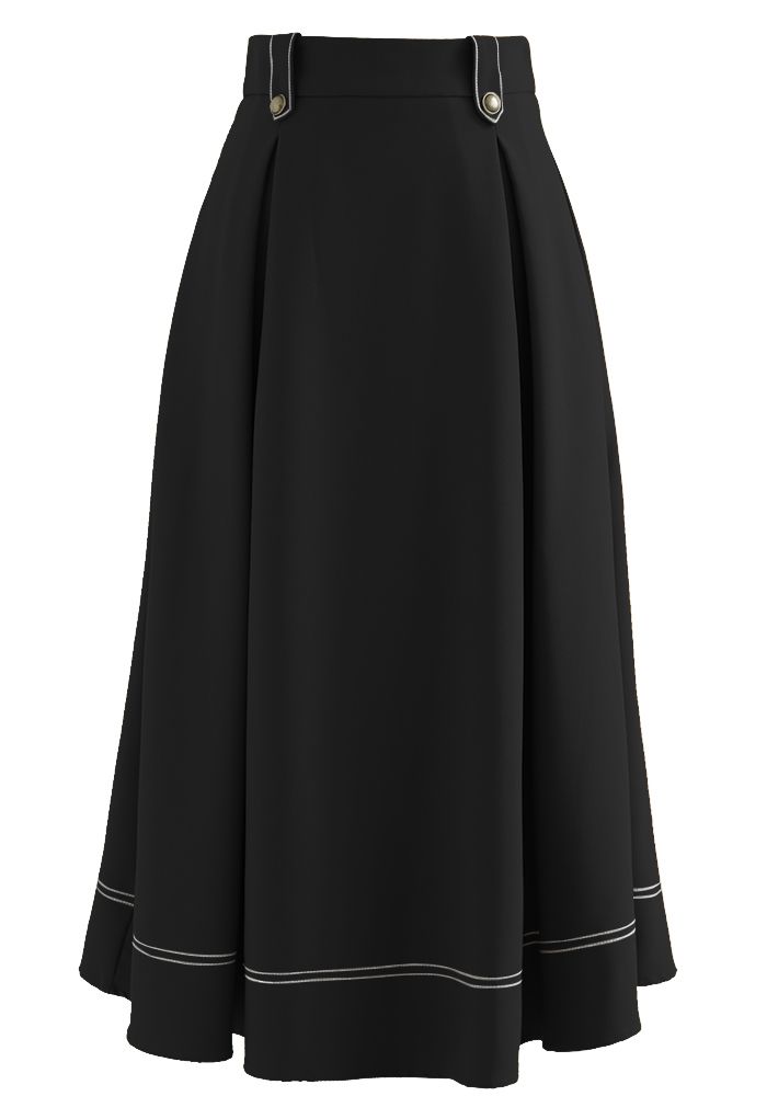 Falda midi acampanada plisada con puntadas con botones en negro