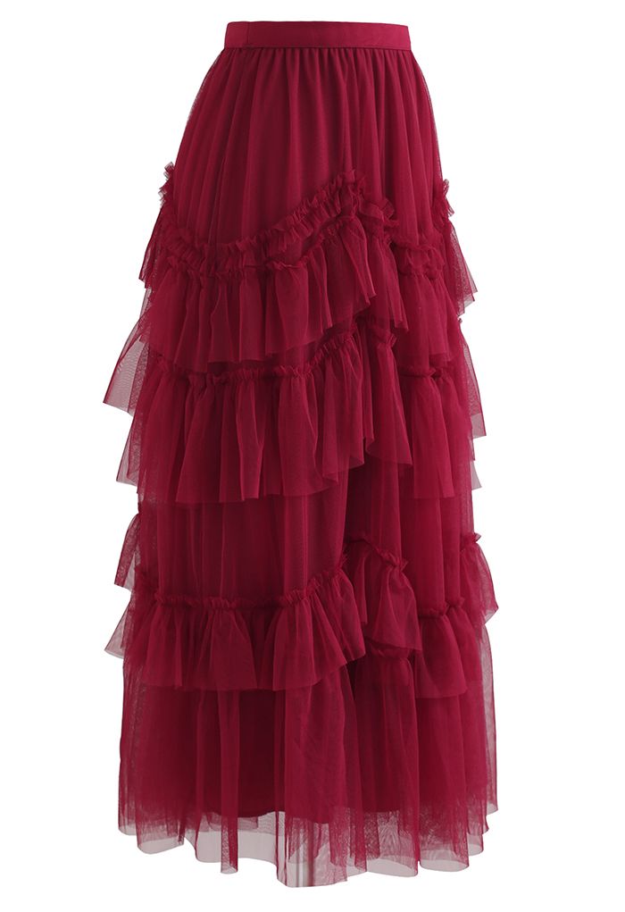 Exquisita falda de tul de malla con volantes escalonados en rojo