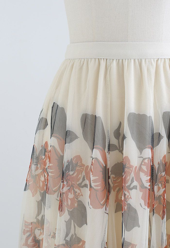 Falda midi de malla de doble capa con estampado floral en crema