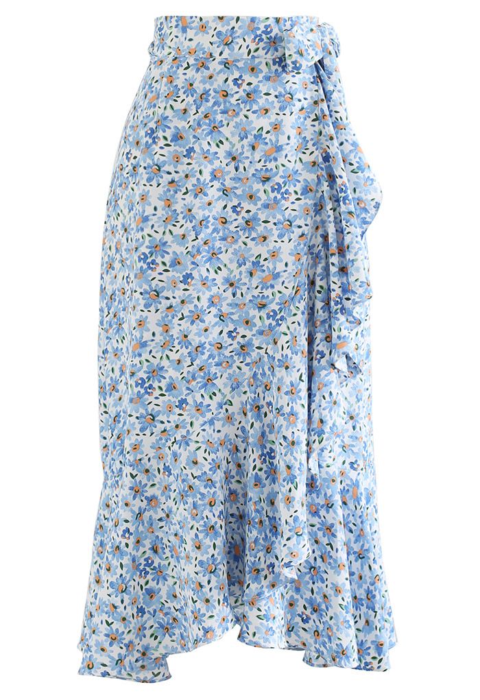 Falda con solapa asimétrica con lazo en la cintura y margaritas azules