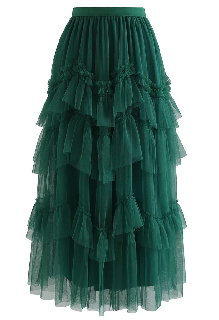 Exquisita falda de tul de malla con volantes escalonados en verde