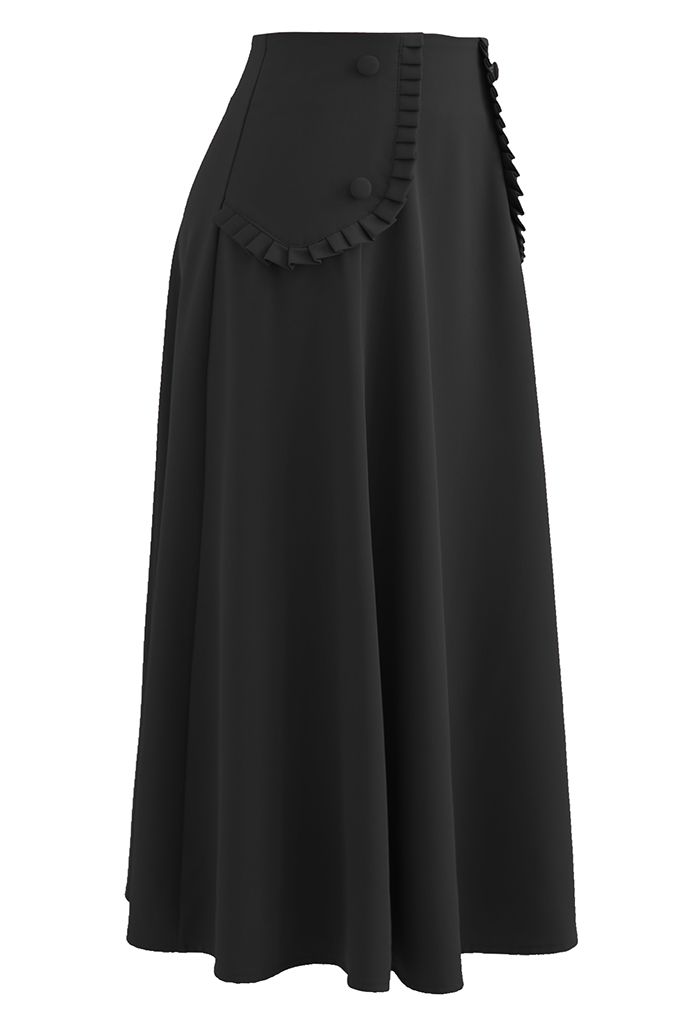 Falda acampanada plisada con costuras y bolsillos falsos en negro