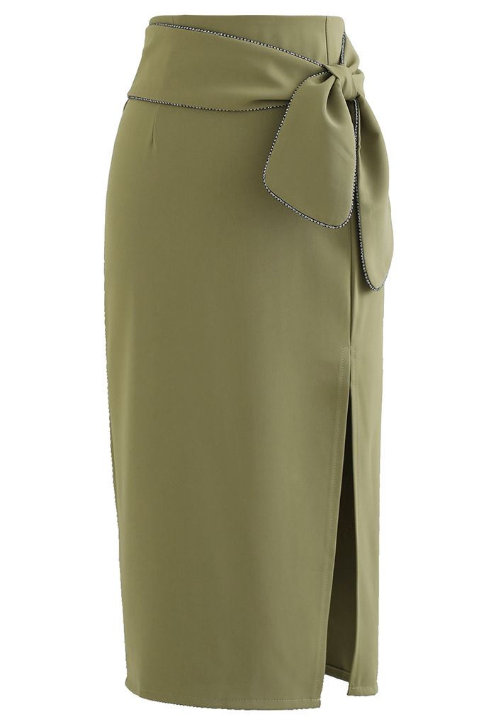 Falda de tubo con la cintura anudada con borde de cristal en verde militar - Retro, Indie and Unique Fashion
