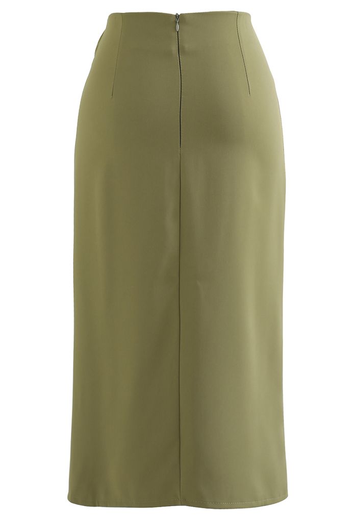 Falda de tubo con abertura en la cintura anudada con borde de cristal en verde militar
