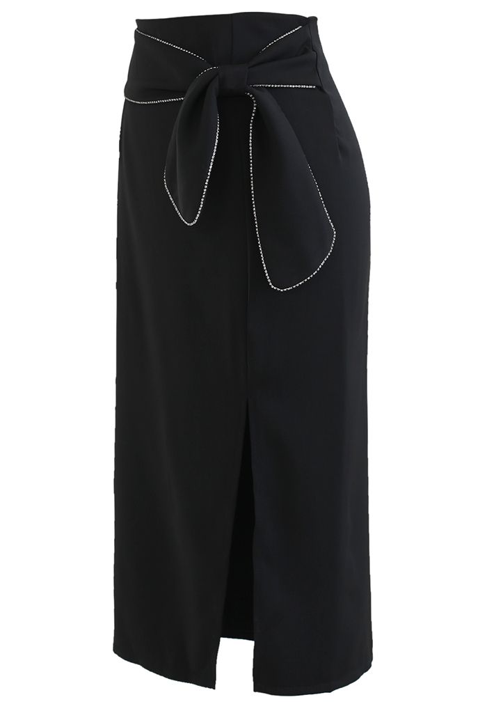 Falda de tubo con abertura en la cintura anudada con borde de cristal en negro
