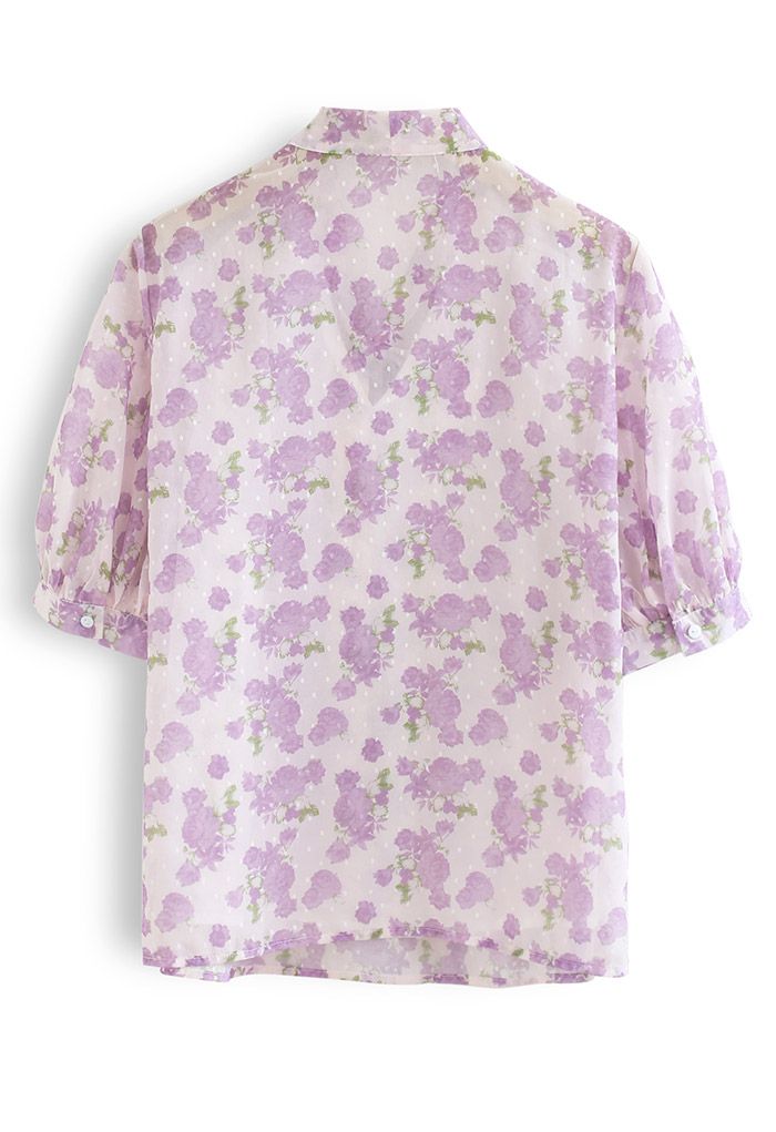 Camisa de gasa con lazo y puntos flocados con estampado de rosas en lila