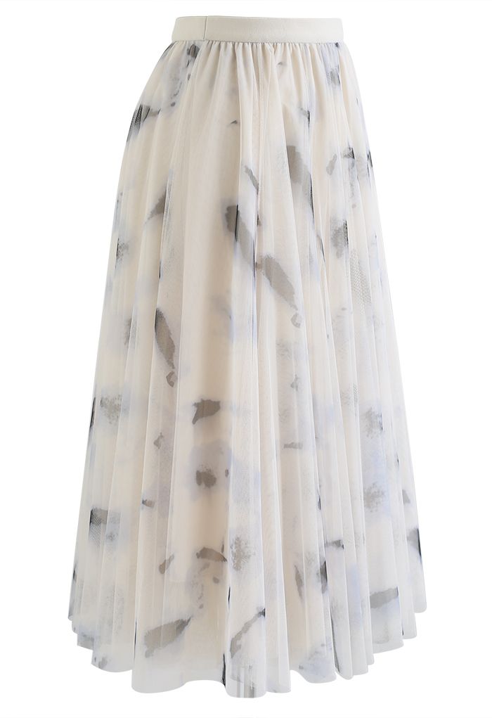 Falda midi de tul de malla con paneles en color crema de Splash-Ink