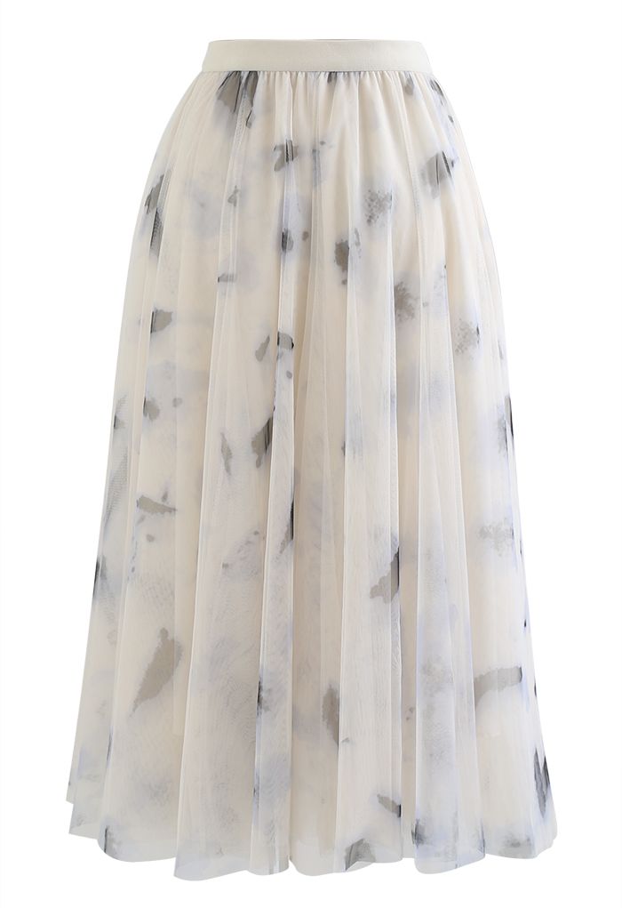 Falda midi de tul de malla con paneles en color crema de Splash-Ink